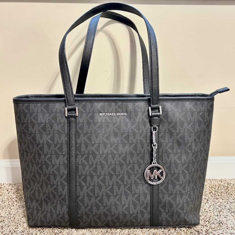 Michael Kors Sady Large Laptop Tote Shoulder Bag Top Zip Signature Black Leather